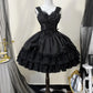 Japanese Lolita Dark Gothic Style JSK Lace Stitching Bow Lace-up V-neck Sleeveless High Waist Hot Sweet Black Cake Dress Women