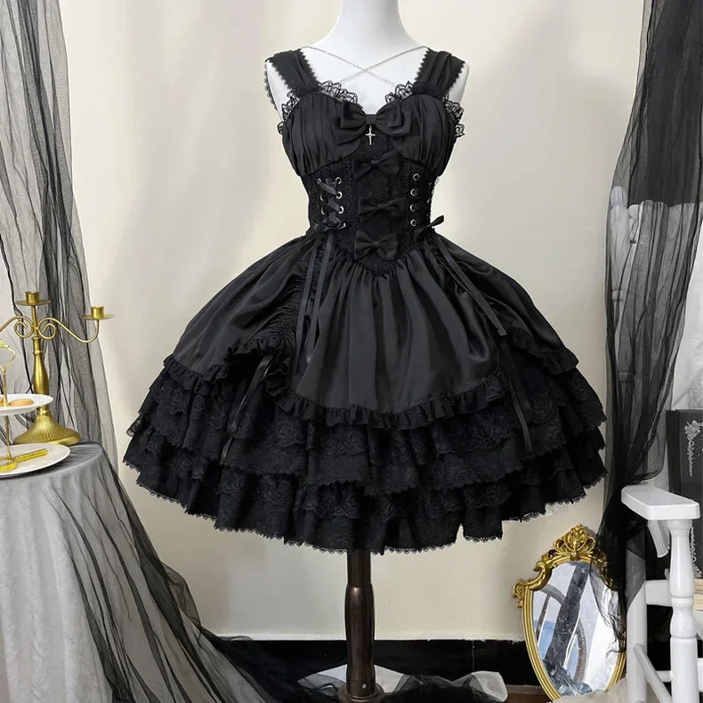 Japanese Lolita Dark Gothic Style JSK Lace Stitching Bow Lace-up V-neck Sleeveless High Waist Hot Sweet Black Cake Dress Women