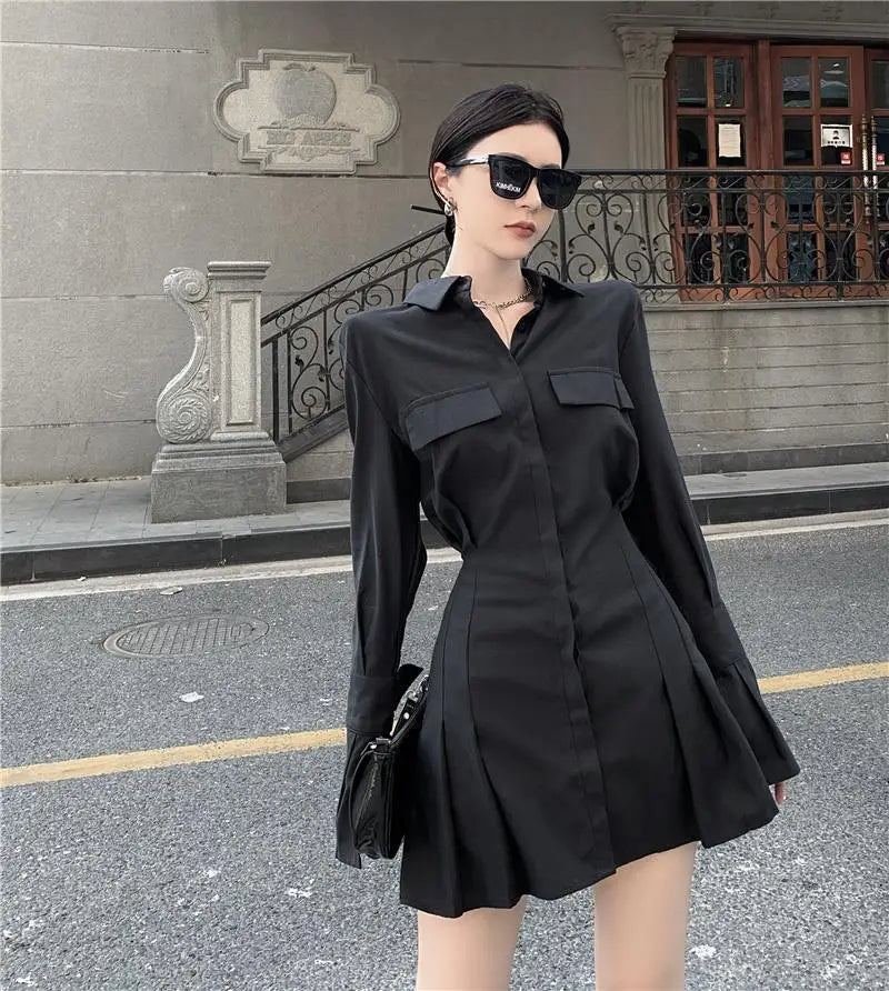 HOUZHOU Black Shirt Dress Women Elegant Vintage Long Sleeve Dresses Sexy Gothic Pleated Streetwear Turn-down Collar Casual Robe