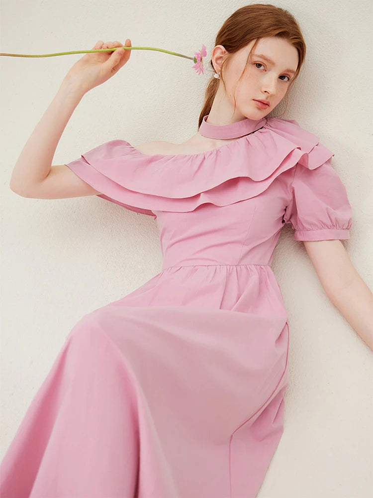 FSLE Black Women Dress 100% Cotton Ankle-Length Women Summer Dress One-shoulder Sleeve Ruffled Pink Maxi Dress 24FS18015