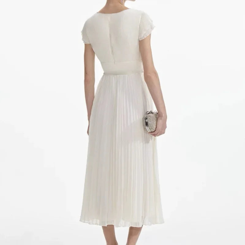 Elegant French Style Dress with Butterfly Knot Waist Cinching Pleated Skirt Cocktail Dress Short Sleeve V Neck Ankle Length