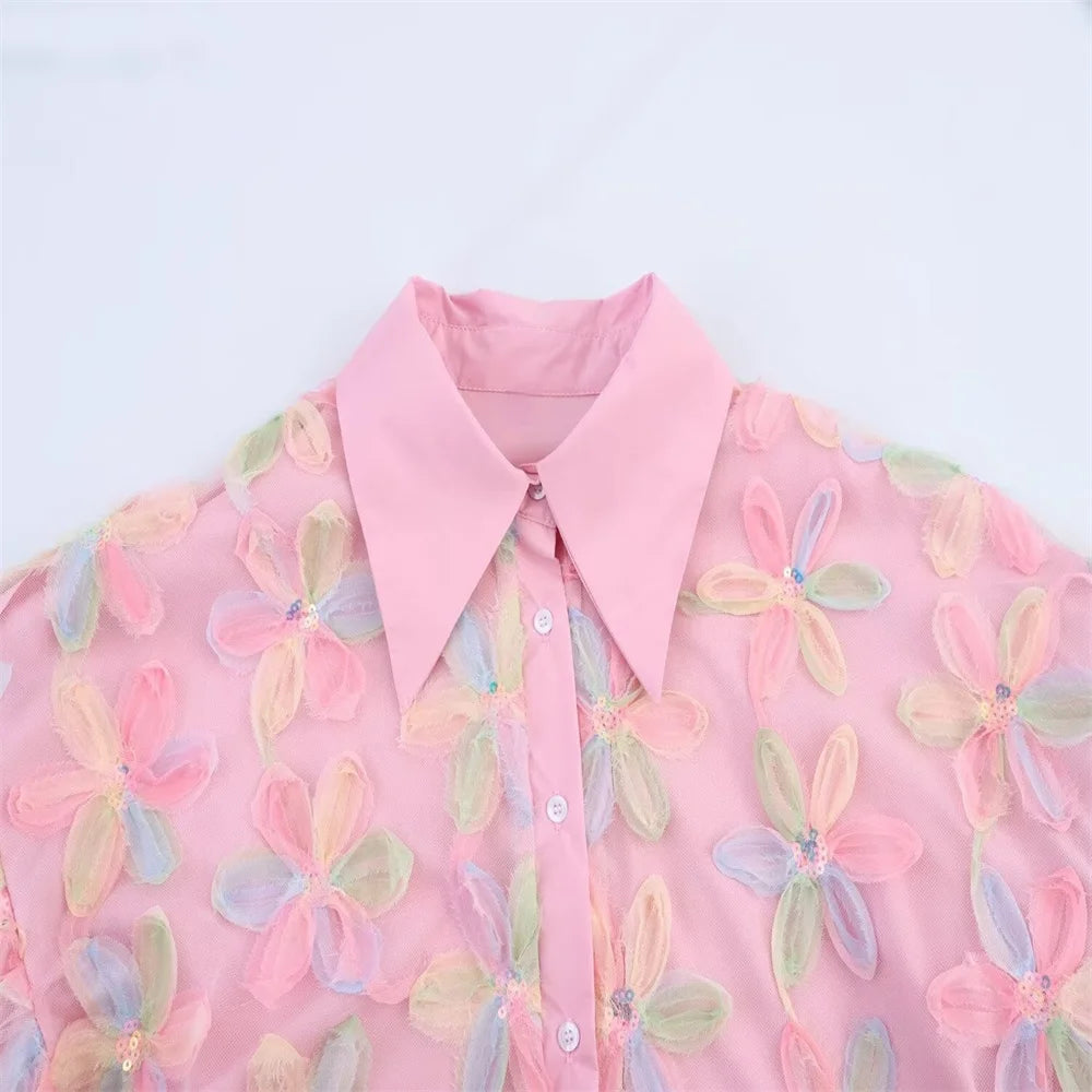 PB&ZA 2025 Women's Pink Short - length Blouse with Colorful Floral Embroidery Puff Sleeves and Collar for a Sweet Look