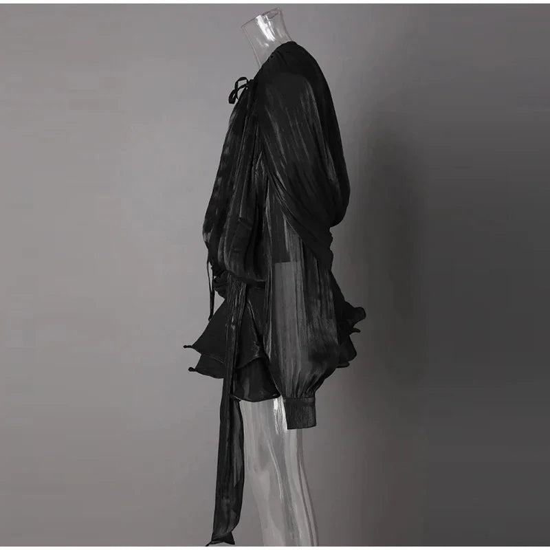 Luxury Elegant Mini Dress For Women V Collar Lace Up Blouse Dresses Long Sleeve Stacked Hem Vestido 2025 New Lady Women Clothing