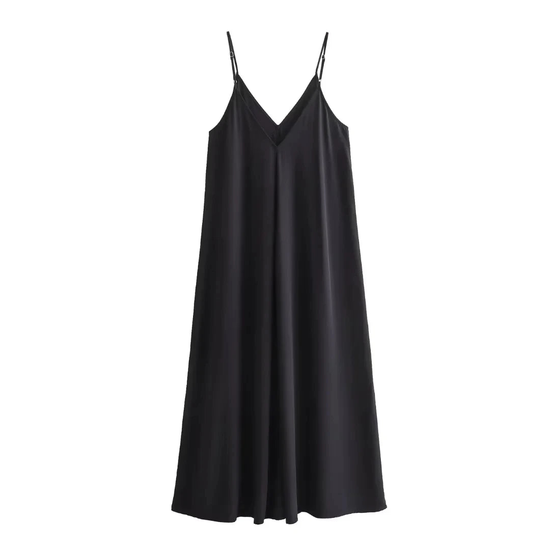 TRAF Slip Dress Women 2024 Summer Women's Loose Dresses Sleeveless Thin Straps Black Long Dresses Backless Beach Holiday Dresses