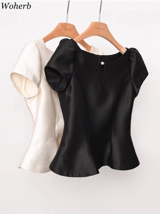 2025 Blusas Mujer De Moda Solid O Neck Shirts Women Puff Sleeve Summer Blouses Crop Tops Fashion Zipper Temperament Blouse