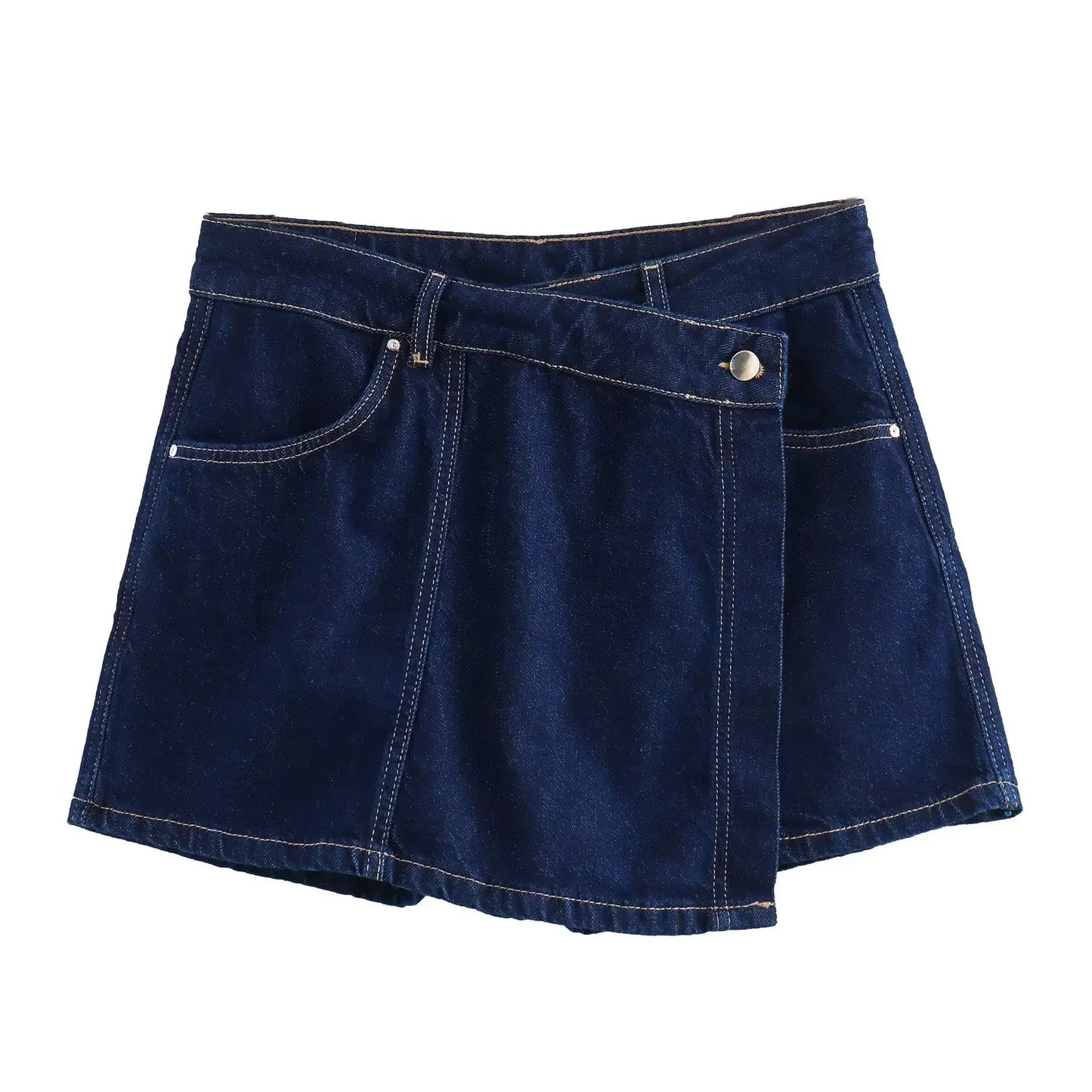 TRAFZA Summer Women Suits Denim Blue Turn-Down Collar Short Sleeves Pocket Decoration Shirts+Mid Waist Asymmetrical Shorts