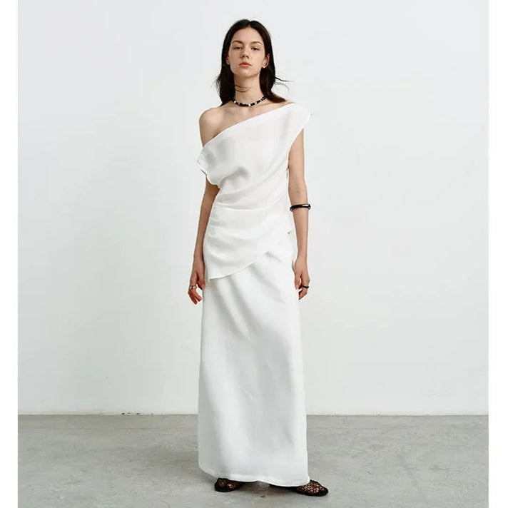 Elegant High-Waisted A- Line Skirt For Women Summer Commuting Long Dress Textile Song WhiteDrapedSideSlitLongDress