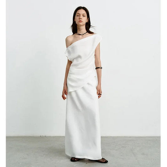 Elegant High-Waisted A- Line Skirt For Women Summer Commuting Long Dress Textile Song WhiteDrapedSideSlitLongDress