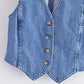 TRZA Women Fashion Front Button Denim Waistcoat Vintage V Neck Sleeveless Female Outerwear Chic Vest Tops