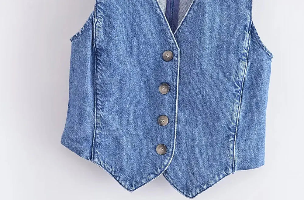 TRZA Women Fashion Front Button Denim Waistcoat Vintage V Neck Sleeveless Female Outerwear Chic Vest Tops