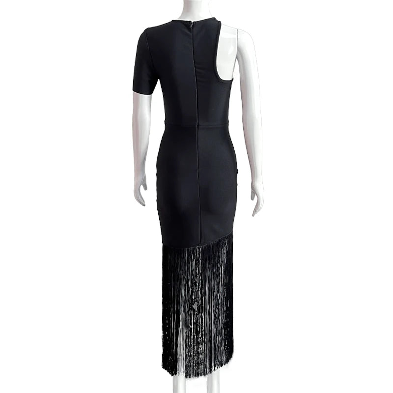 Wholesale Women's Black White Short Sleeve Tassel Tight Sexy Evening Celebrity Cocktail Party Bandag Long Dress