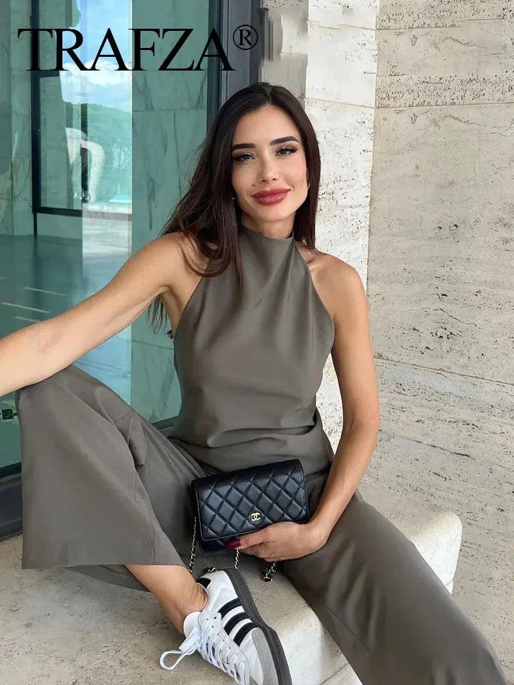 TRAFZA Women Vintage Solid Pant Sets Sexy Backless Halter Camis Top Asymmetric Tank Top + Drawstring Trousers Fashion Streetwear