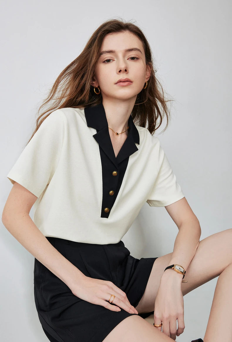 TOYOUTH Women Contrasting Colors POLO Collar T-shirt 2025 Summer New Short Sleeved Top