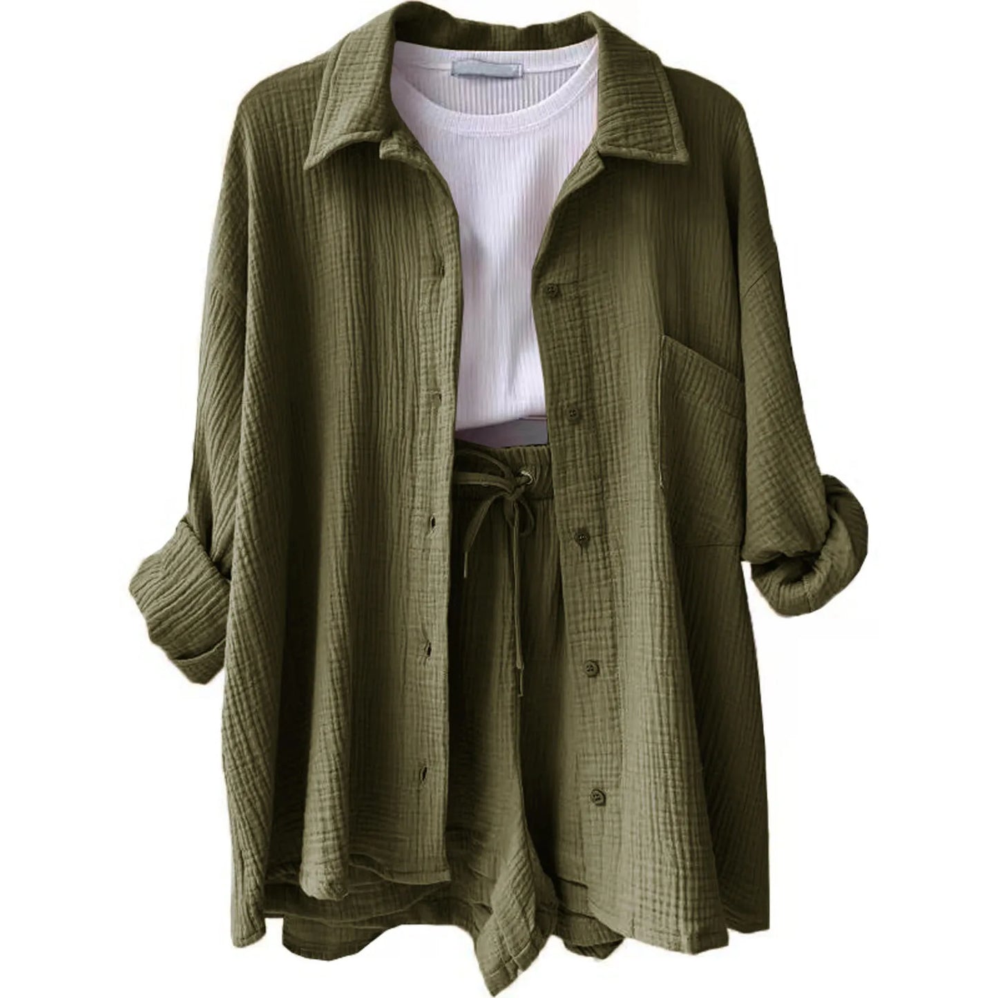 Summer Cotton Linen High Waist Shirt Shorts Women Turn Down Collar Long Sleeve Tops and Shorts Suit Cotton Casual Two Piece Sets