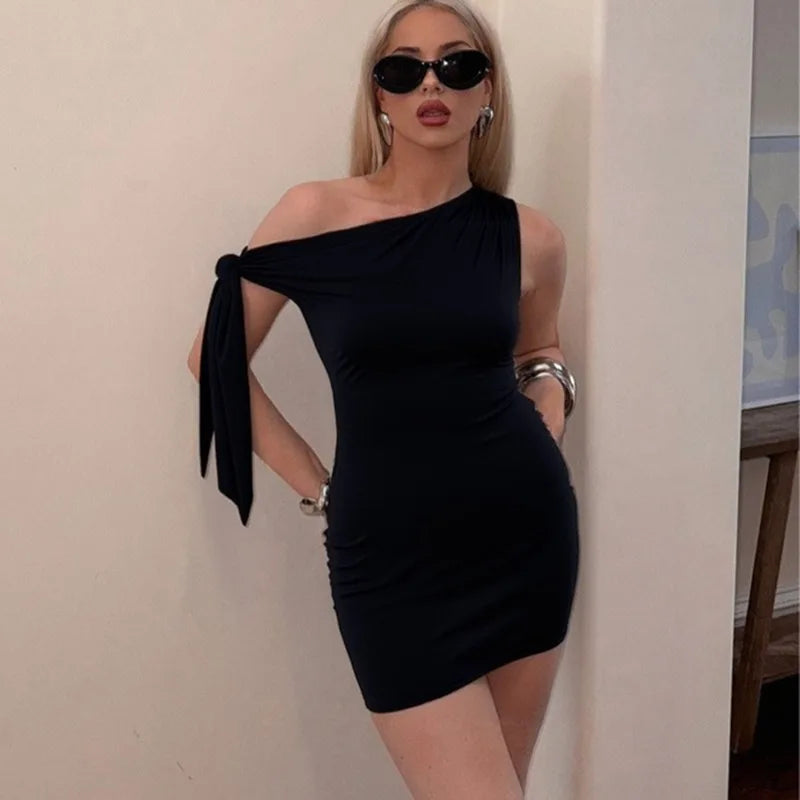 Talenza Black One Shoulder Mini Dress Fashion Hot Girls Sexy Sleeveless Patchwork Bandage Short Dresses Women New Tight Dresses