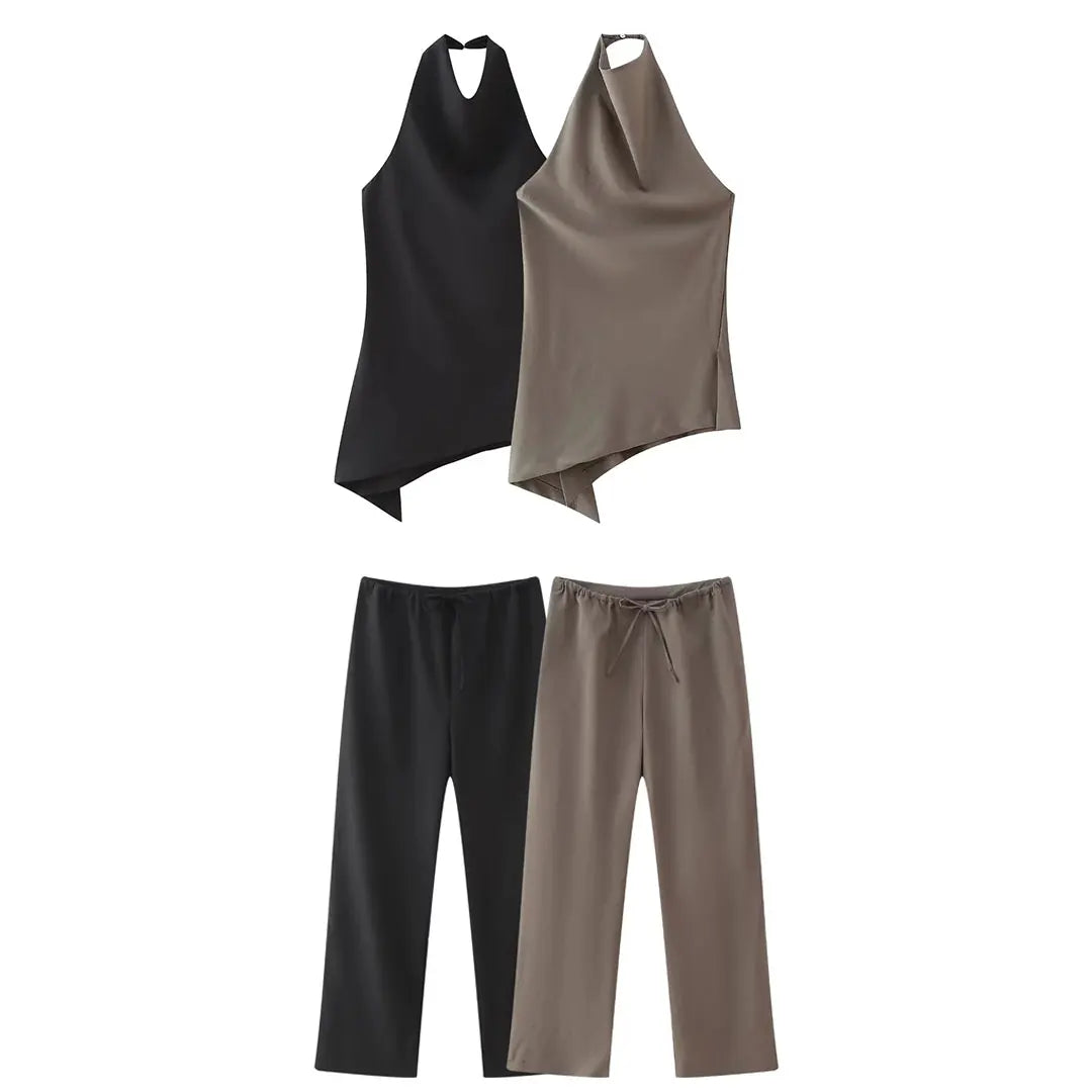 TRAFZA Women Vintage Solid Pant Sets Sexy Backless Halter Camis Top Asymmetric Tank Top + Drawstring Trousers Fashion Streetwear