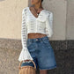 Trendix Summer Knit Long Sleeve Cardigan For Women V Neck Solid Bodycon Hollow Out Short Tops Party Club Slim Vacation Top Femme