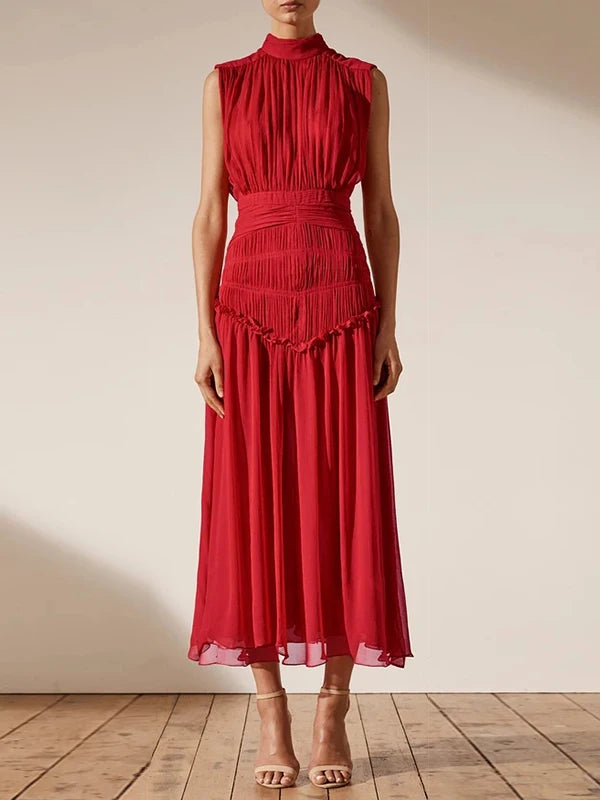 TWOTWINSTYLE Vintage Ruched Dress For Women Stand Collar Sleeveless High Waist Chiffon Midi Dresses Female 2022 Fashion New