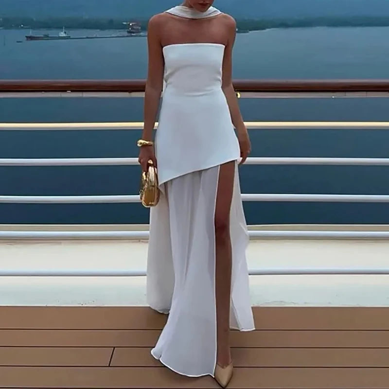 Casual Mesh Patchwork Women's Long Dress Fashion Strapless Split Banquet Dress 2025 Spring Summer Elegant Solid Holiday Dresses