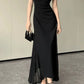 Korean V-Neck Spaghetti Strap Dress for Women Sexy Backless Waist-Tight Party Dresses Woman Elegant Black Sheer Midi Dress New