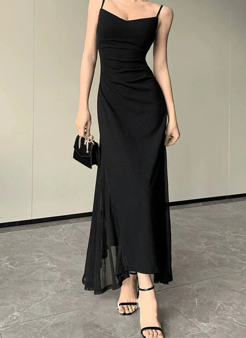 Korean V-Neck Spaghetti Strap Dress for Women Sexy Backless Waist-Tight Party Dresses Woman Elegant Black Sheer Midi Dress New