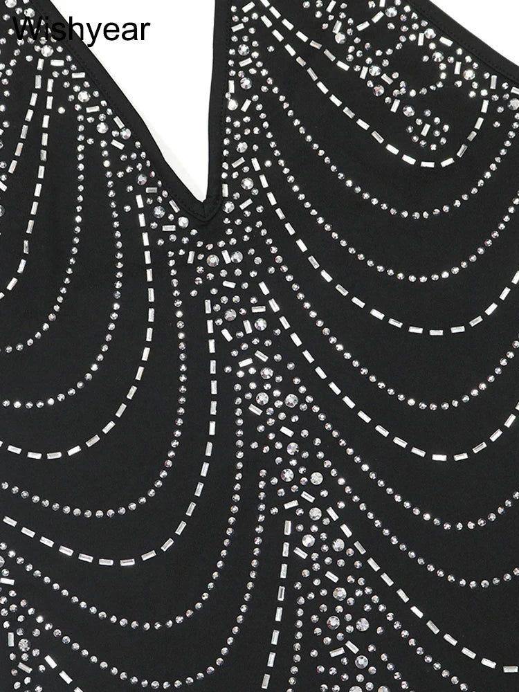 New Sexy Diamonds Halter Black Party Bodycon Midi Dress Women Sleeveless Backless Front Split Birthday Night Prom Club Vestidos