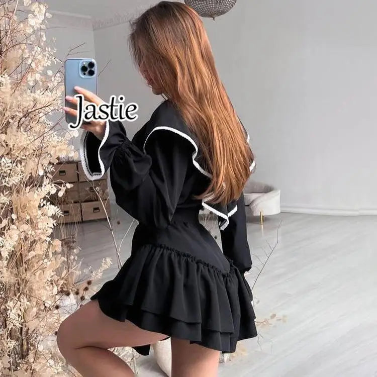 Jastie 2023 Autumn New Women's Dress Round Neck Long Bell Sleeve Ruffle Dresses Women's Temperament Design Short Black Dress