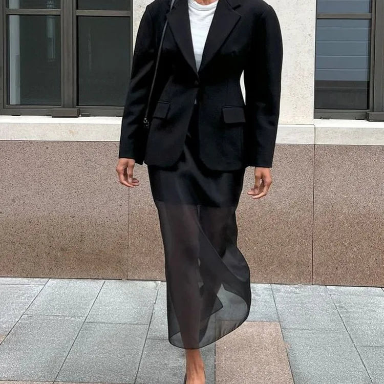 Tuularose Black Mesh Skirt Women's Sexy Perspective High Waist Slit Hip Cover Skirt Summer Fashion Casual Office Lady Skirt 2025