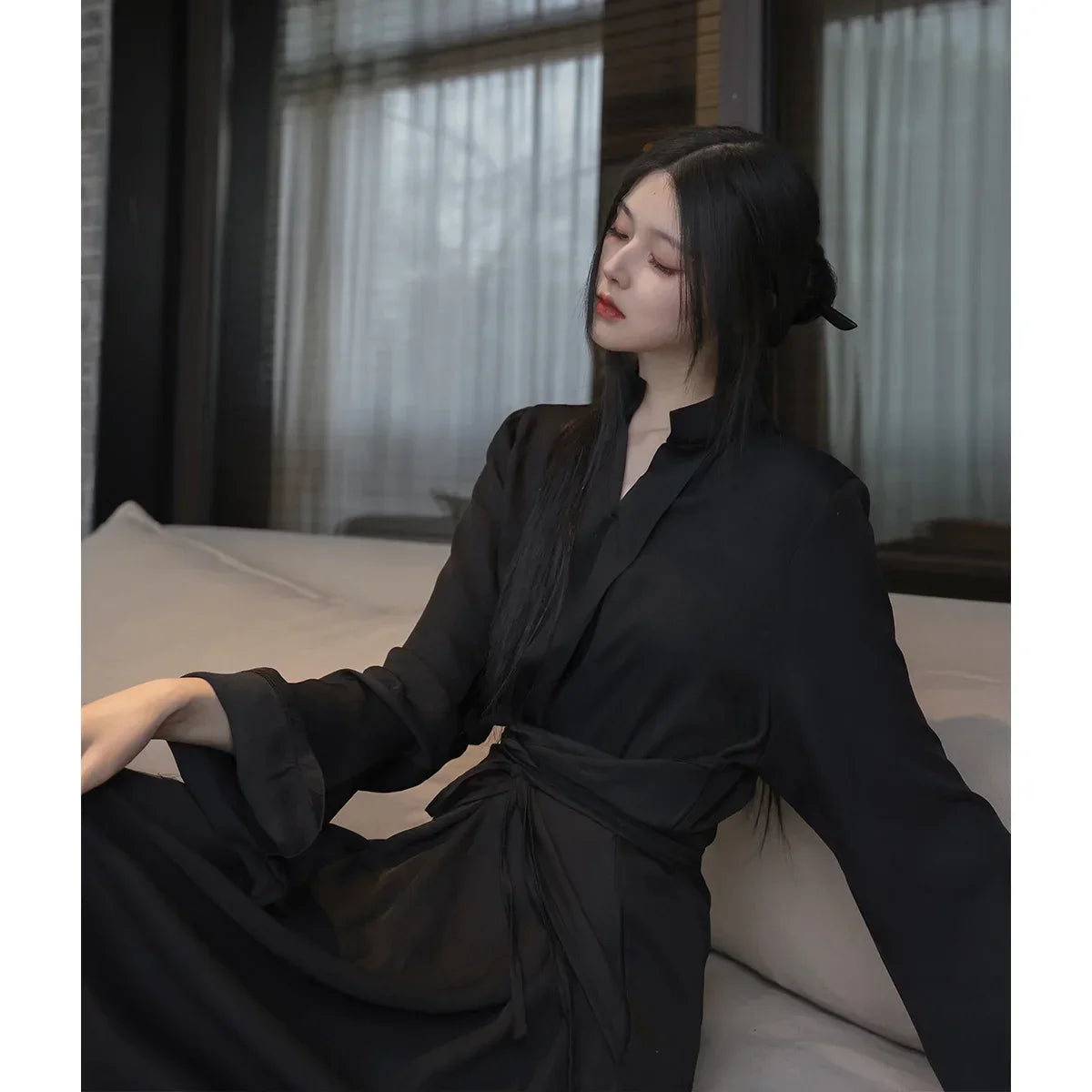 UMI MAO Chinese Style Dress Elegant Stand Up Neck Flare Sleeves Wrap Waist Show Slim Mid Length Black Drop Zen Dresses Women's