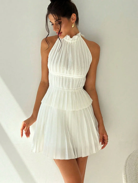 Women's Summer Elegance Back to school season commuter vacation Street fashion halter pleated halter Strap top and high wai