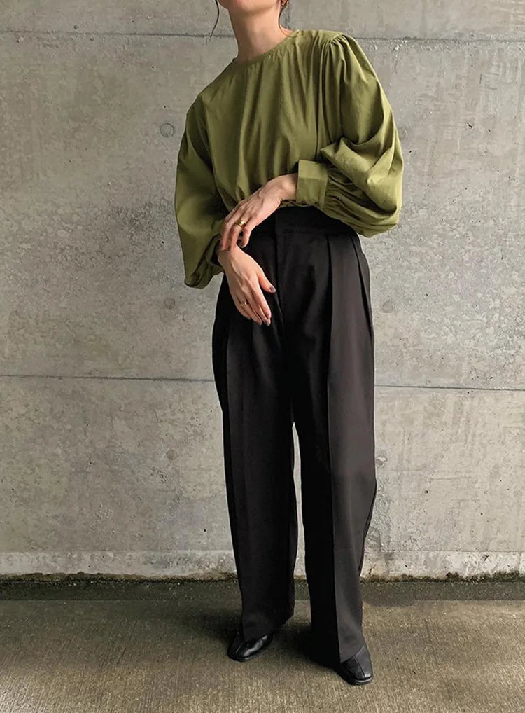 Japan Style Office Lady Elegant Vintage Blouse Women O-neck Loose Lantern Sleeve Shirts Solid All-amtch Blusas Autumn Ladies Top