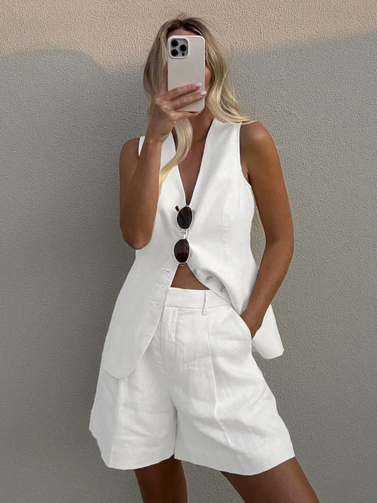 Wolfeel Cotton linen Chic Casual Vest Shorts Set Women's Fashion Commuter Sleeveless Tank Top Loose Shorts Suits Summer New
