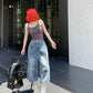 American Style Retro Street Women's Mid-Length Jeans Graffiti Design Loose Straight Cut Shorts Casual Fashionable Denim Shorts