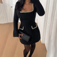 Talenza Long Sleeve Tweed Dress Women's Elegant Square Neck Luxury Party Evening Gown Retro Slim Patchwork Short Dress Vestido