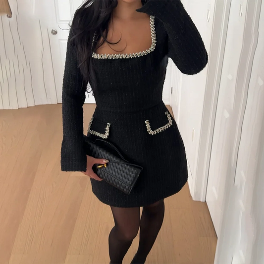 Talenza Long Sleeve Tweed Dress Women's Elegant Square Neck Luxury Party Evening Gown Retro Slim Patchwork Short Dress Vestido