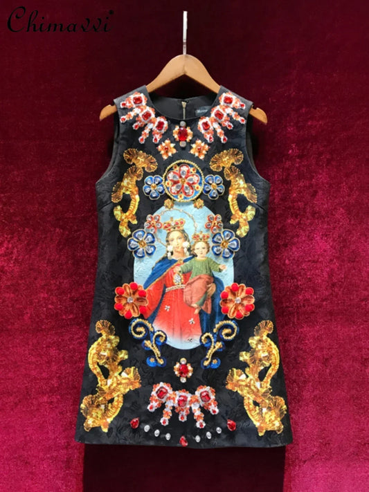 Retro Court Print Slimming Vest Dress Spring and Summer Fashion Heavy Diamond High-End Elegant Sleeveless Black Dresses Women