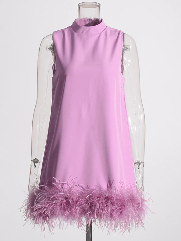 TWOTWINSTYLE Feather Fur Dress For Women O Neck Sleeveless Loose Tassel A Line Dresses Female Streetwear 2022 Summer Fashion New