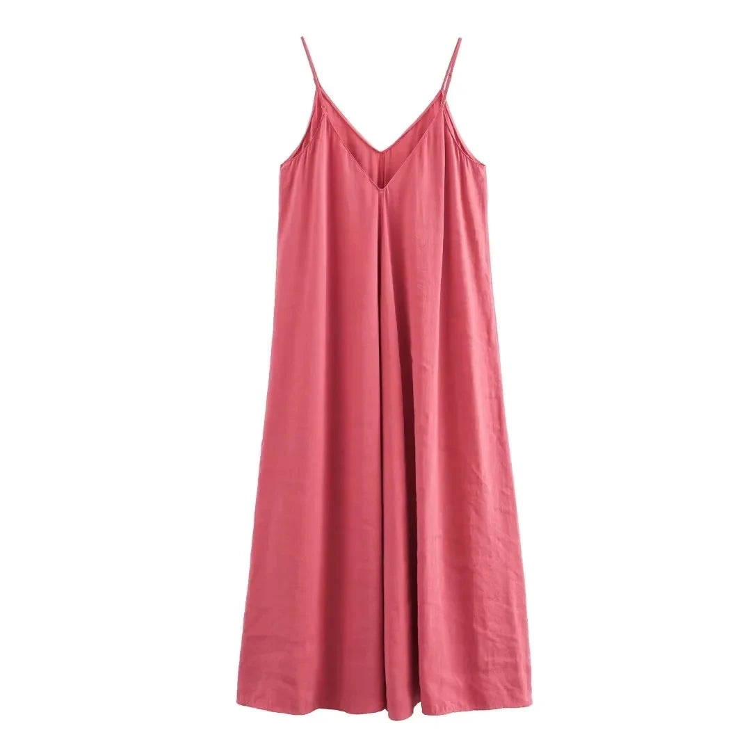 TRAF Slip Dress Women 2024 Summer Women's Loose Dresses Sleeveless Thin Straps Black Long Dresses Backless Beach Holiday Dresses