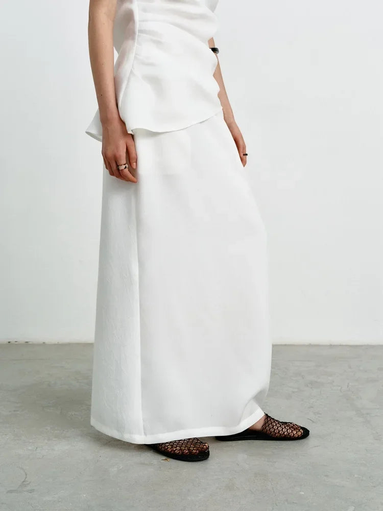 Elegant High-Waisted A- Line Skirt For Women Summer Commuting Long Dress Textile Song WhiteDrapedSideSlitLongDress