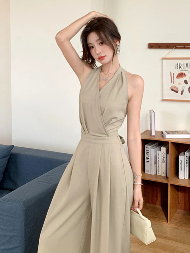 Fashion Elegant Women's Maxi Jumpsuits Style Formal Casual Hatler Bandage Bow Backless Long Pants Party Mujer Loose Rompers Lady