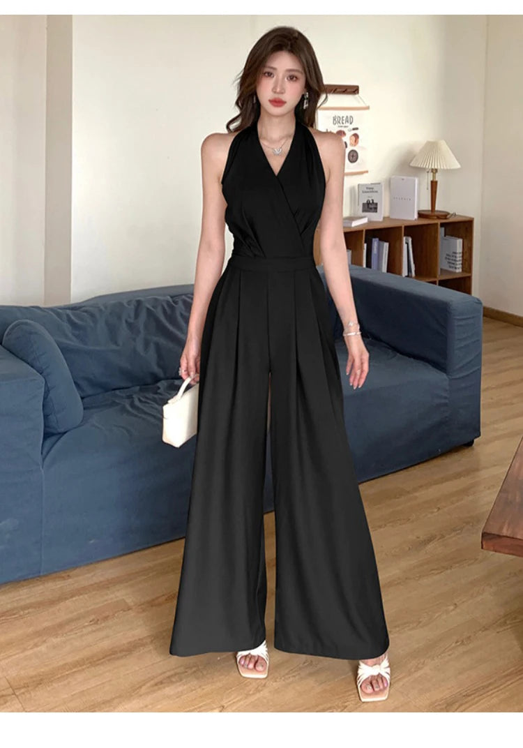 Fashion Elegant Women's Maxi Jumpsuits Style Formal Casual Hatler Bandage Bow Backless Long Pants Party Mujer Loose Rompers Lady