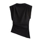 TRAFZA Vintage Chic Women Solid Asymmetric O-Neck Zipper Sleeveless Cross Folds Top Fashion 2025 Streetwear Padded Shoulder Top