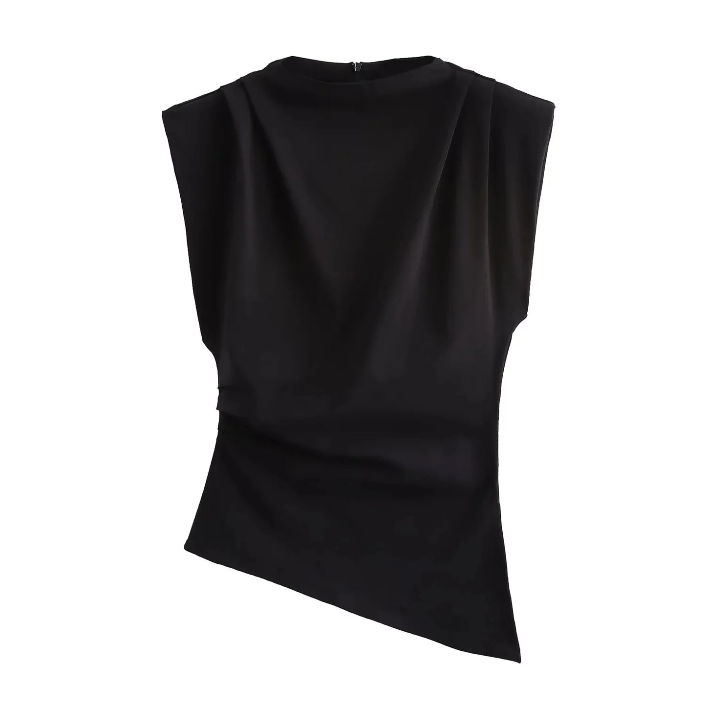 TRAFZA Vintage Chic Women Solid Asymmetric O-Neck Zipper Sleeveless Cross Folds Top Fashion 2025 Streetwear Padded Shoulder Top