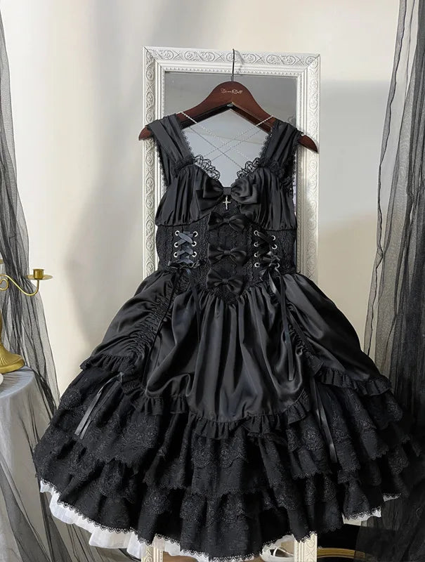 Japanese Lolita Dark Gothic Style JSK Lace Stitching Bow Lace-up V-neck Sleeveless High Waist Hot Sweet Black Cake Dress Women