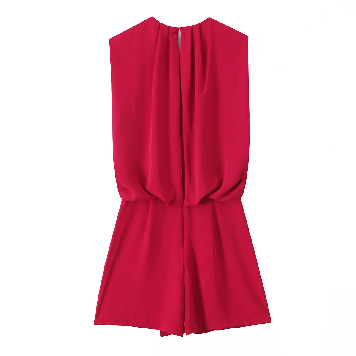 TRAF Women 2025 Spring New Fashion Tongle Style Short Jumpsuit Chic Round Neck Sleeveless All-Match Pleated Slim-Fit Shorts Muje
