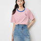 TOYOUTH Women Striped Short Sleeved T-shirt 2024 Summer New Academy Style Round Neck Top