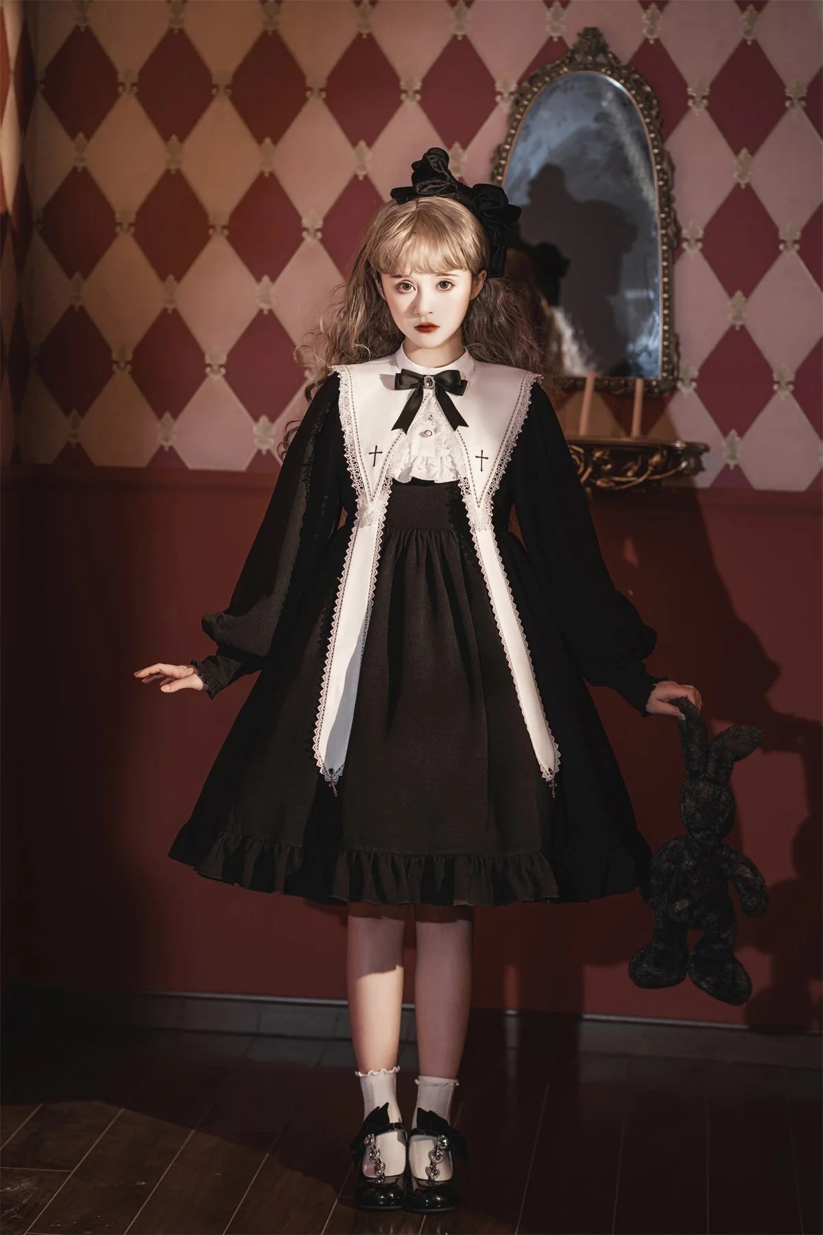 Contract Color Lolita Dress for Women Gothic Style Dark Girl Japanese Retro Op Dress Autumn and Winter Long Sleeve Black Dress