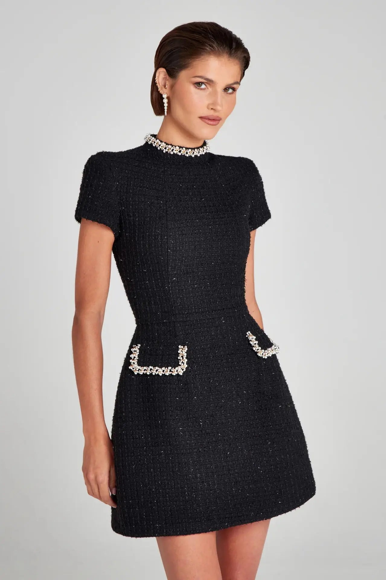 Talenza Women's Elegant Tweed A-Line Dress Solid Slim Fit Y2k Short Sleeve Dress Retro O-Neck Patchwork Luxury Evening Dress