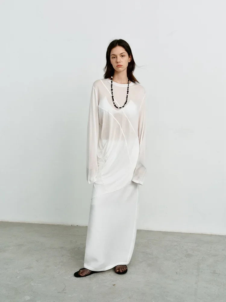 Elegant High-Waisted A- Line Skirt For Women Summer Commuting Long Dress Textile Song WhiteDrapedSideSlitLongDress