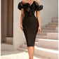 Women's Off Shoulder Bandage Midi Dress Luxury Design Ruffled  Elegant Black Sleeveless Ruffled Sexy Club Party Evening Dresses